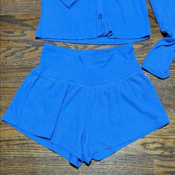 Blue Ribbed Button Cardigan & Shorts Set - Picture 2 of 7